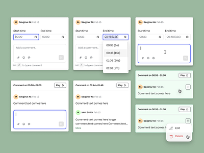 Comment box states actions active attach comment delete desktop feedback field focus state focused hover more play reply saas shortcut timestamp transcript video web app