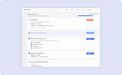 Onboarding Screen accordion check box onboarding progress bar setup account ui