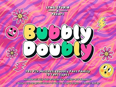 BubblyDoubly Font Family aesthetic bold bouncy font bubble font bubblydoubly font family cloud font display font experimental hand lettered font modern font rad retro sticker font unique vibes y2k