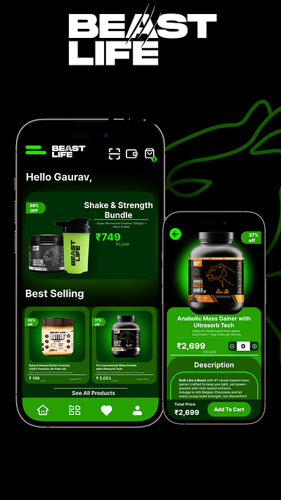 Beast Life Mobile Ui beast life branding fitness app mobile ui neon protein powder ui ux