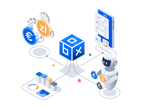 BoxEx main page animation. Json Lottie. animated animation app application bars bot boxex chart coins crypto graph illustration isometric json lottie main page message phone robot vector