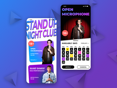 Stand Up Night Club App Design branding design graphic design illustration logo ui ui ux design ui design ux ux design