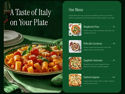 Restaurant food menu section for Framer built with Frameblox UI component dark food framer green italy list menu pizza plate price pricing restaurant section template