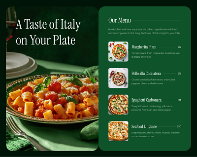 Restaurant food menu section for Framer built with Frameblox UI component dark food framer green italy list menu pizza plate price pricing restaurant section template