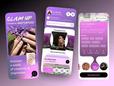 Glam Up: Your Nails, Your Masterpiece app design app development art artist beauty branding fashion graphic design mobile app nail art nail polish nail salon online booking ui ux