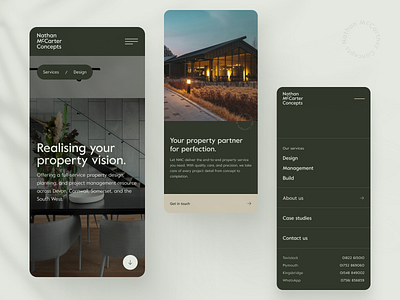 Mobile design for a property builder breadcrumb builder button design call to action dark ui hero home home app icons minimalist mobile app mobile design mobile menu mobile navigation navigation property property development property devloper renovation web design