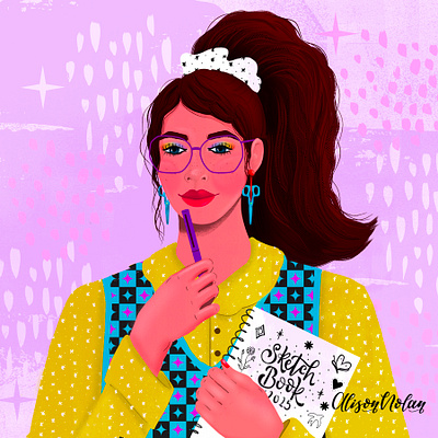 Sketchy DTIYS book cover design brunette crafty design digital portrait draw this in your style drawing challenge dtiys editorial illustration female character illustration female illustrator hand drawn illustration patterned planner procreate sketchbook