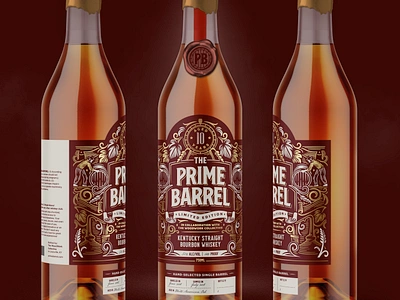 The Prime Barrel alcohol barrel bottle bourbon branding custom design detailed foil gold illustration kentucky maroon ornate package packaging prime rich spirits whiskey