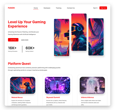 Fusion - Level up your Gaming Experience adobe adobe photoshop design dribbble figma gaming gaming website landing page ui uiux ux web design website website design