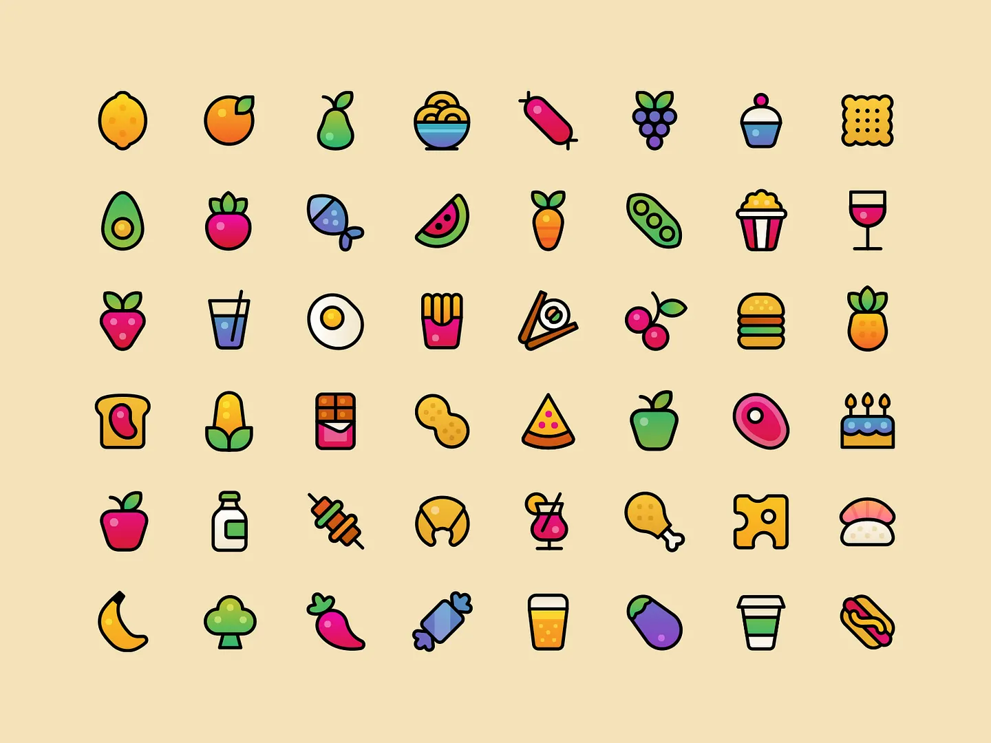 Colorful Food Icons in Grid View Layout