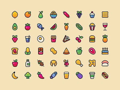 Food Icons bakery burger candy coffee drawing drinks fastfood food fruit icon iconography illustration illustrator monoline pizza simple sweets vector vegetables