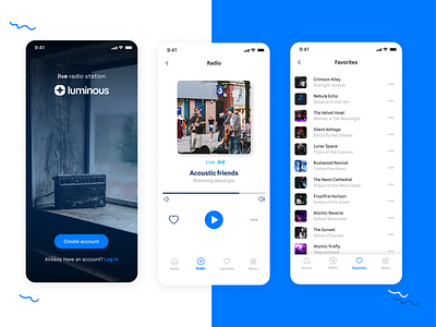 Radio mobile app concept app band blue branding cards favorites interface list live stream minimalist mobile music onboarding radio ui ux