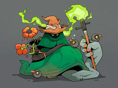 The Emerald Warlock. 2d bird cartoon character characterdesign flowers green illustration illustrator magic scary staff warlock wizard