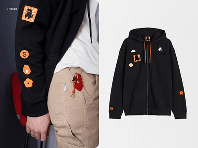 Corporate merch design / Hoodie asian black branding character clothes custom design graphic design hoodie merch orange patch patches print tyranozaur