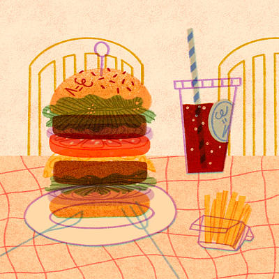 Hamburger + Cola + French Fries = LOVE art artwork chair cola design fastfood food fork frenchfries hamburger illust illustration ipad knife pattern photoshop plate straw table tweetyheather