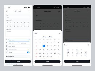 Productivity Mobile App UI/UX - Add New Goals add new goals calendar goals goals management ios jira management mobile app mobile app design product design productivity app project project management saas task list task management timeline to do trello uiux