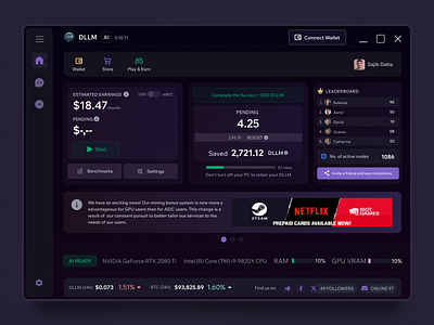 DLLM- A cryptocurrency Mining Tool analysis cryptocurrency dashboard mining mockup ui ui design userinterfacedesign ux design