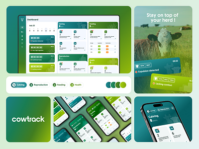 Cowtrack: A Smart Tool for Cattle Herd Management agriculture tech agritech innovation cattle management clean ui cow dashboard data visualization farm management gradient green iot iot solutions mobile app modern ui product design smart farming ui ui design