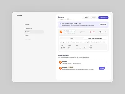 Settings Page - Manage Domains dashboard domain link product settings ui ux