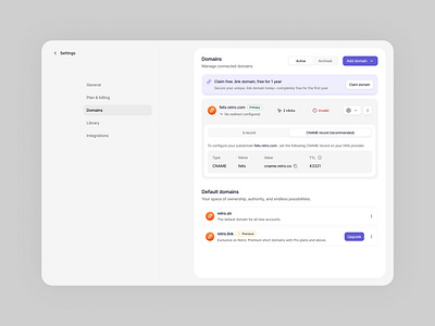 Settings Page - Manage Domains dashboard domain link product settings ui ux