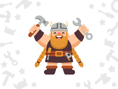 Viking Worker beard branding cartoon character digital flat funny gear graphic design hammer handyman illustration logo mascot tools vector viking warrior worker