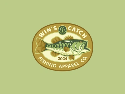 Win's Catch / Fishing Apparel Co. apparel brand badge branding emblem fish fishing graphic design illustration largemouth bass logo design monogram outdoors patch pictorial logo