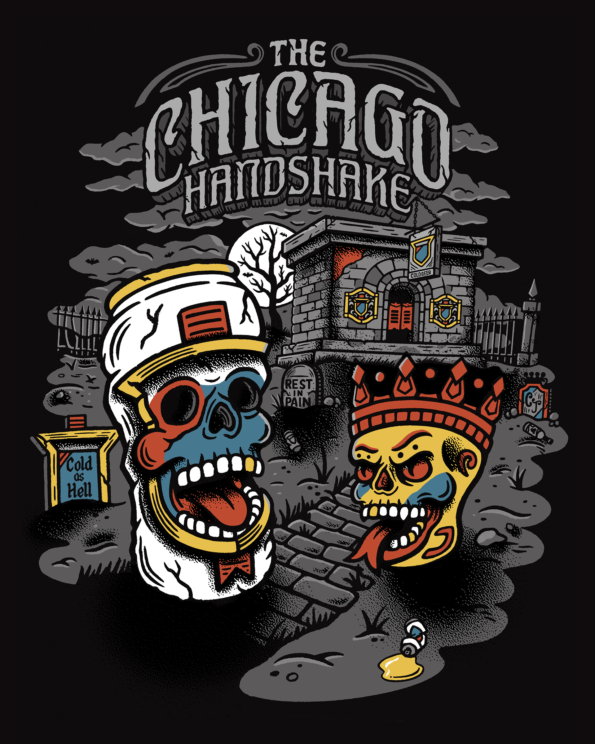 Chicago Handshake - Graveyard cemetery chicago chicago handshake cold beer dive bar graveyard malort old tyle skulls spooky