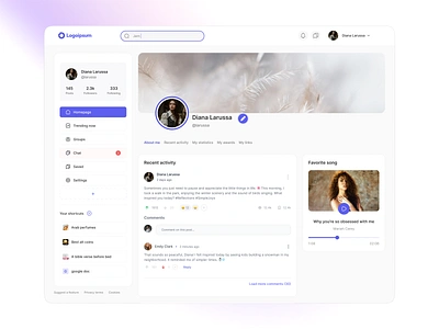Social Media Profile Dashboard clean design edit profile facebook profile recent activity search bar shortcuts sidebar social media social media platform song player ui ux