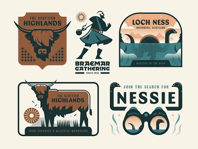 Highlands badge cow design explore games highlands illustration loch ness logo nessie scotland