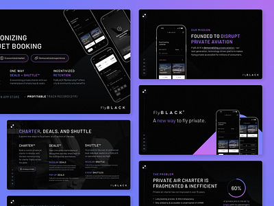 Aviation Pitch Deck: FlyBLACK aviation charter creative dark gradient investor deck pitch deck pitch deck designer pitch decks powerpoint powerpoint design presentation presentation design presentation designer presentations private jet purple slides startup