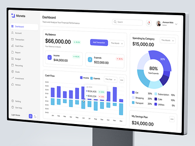 Moneta - Money Management Dashboard banking budgeting cash flow chart component expense finance finance dashboard financial analysis financial management financial records fintech income investment money management saas saving plan spending transaction wallet