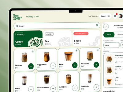 Green Grounds Coffee - Point of Sales (Cafe POS system) app design brand identity branding cafe cashier dashboard cashier design coffee shop dashboard fnb kiosk point of sale point of sales system pos system product branding report saas saas dahsboard sales app self order uix