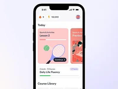 Mobile App Home Tab Concept ai app app design bar branding button cards design icon language learning progress scroll ui
