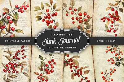 Red berries junk journal paper digital paper junk journal papers red berries scrapbooking vintage