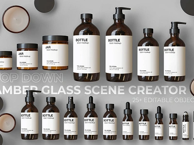 Top down Amber Glass Scene Creator amber amber glass scene creator bottle label mockup candle jar mockup cosmetics mockup dropper bottle mockup editable editable planner glass jar label mockup jar mockup packaging plastic realistic scene creator scene creator mockup scene creator top view separated spray bottle mockup