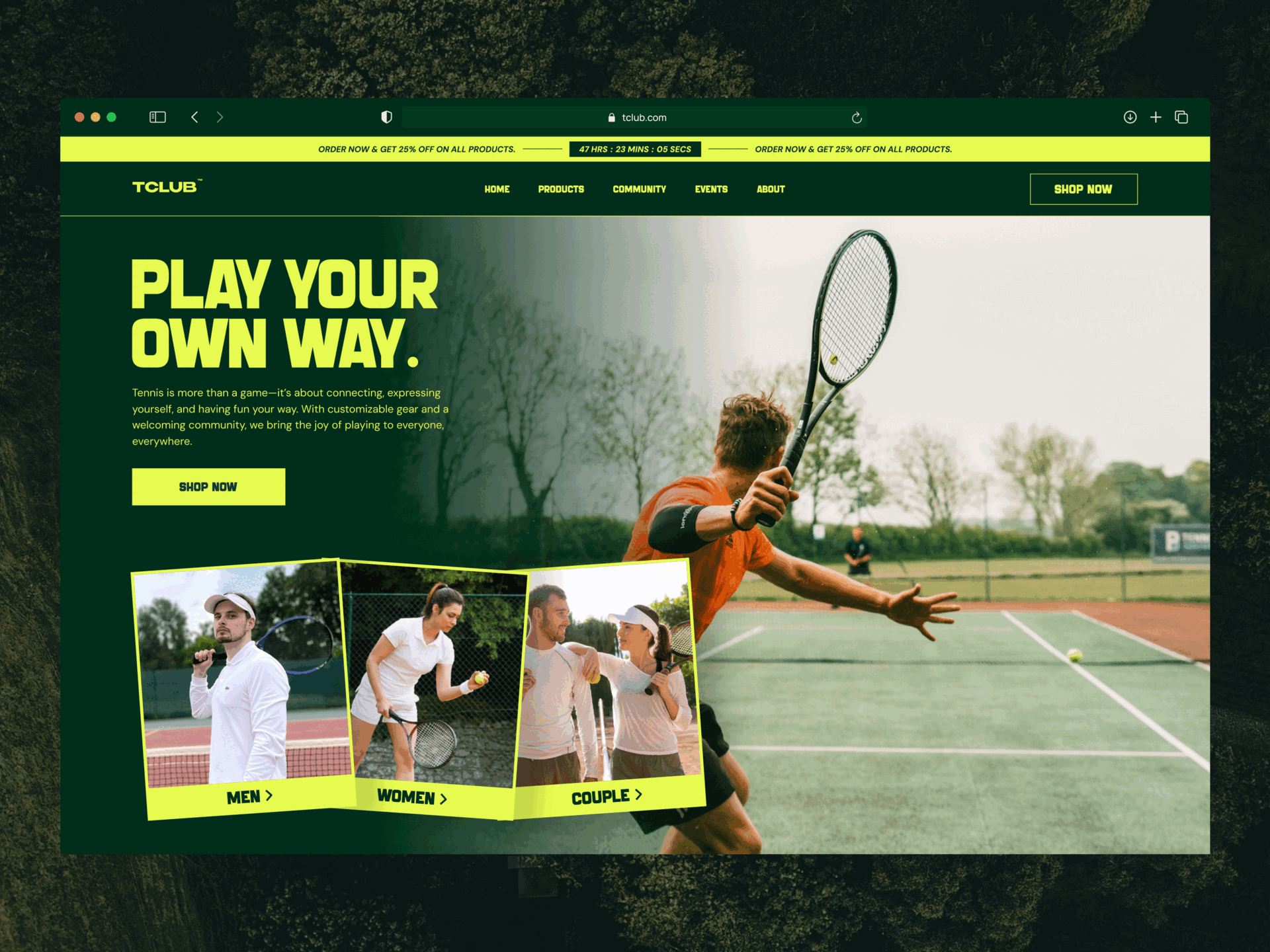 Tennis E-Commerce Store Website club design e commerce landing page shop store design tennis ui design visual design website