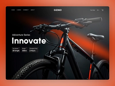 Gizmo bike - Hero section (Freebie) bicycle bike black dark design ebike figma flat framer free freebie glow hero landing onepage section ui web webflow website