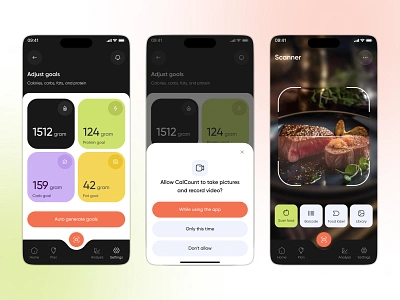 AI Based Food Calorie Tracker App adjust goal ai assistant analysis camera cooking app food app food app design food app ui food delivery food order foodtech healthy minimal mobile restaurant app s s recipes tracking weight lifting weight loss