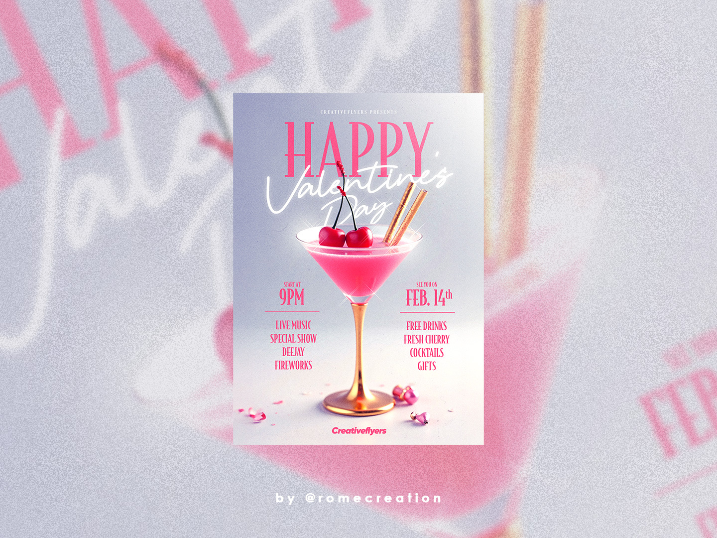 Festive Valentine Card Design cherry cocktail creative flyer templates glow light illustration love day love party lovers date photoshop pink pop poster retro romance valentine valentines day