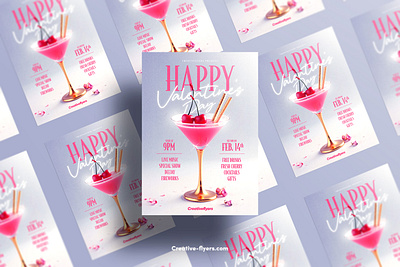 Festive Valentine Card Design cherry cocktail creative flyer templates glow light illustration love day love party lovers date photoshop pink pop poster retro romance valentine valentines day