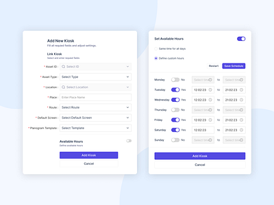 Kiosk management software button clean design components forms inputs management system modal window product design schedule settings sofrware time time management time settings timetable web app web platfrom