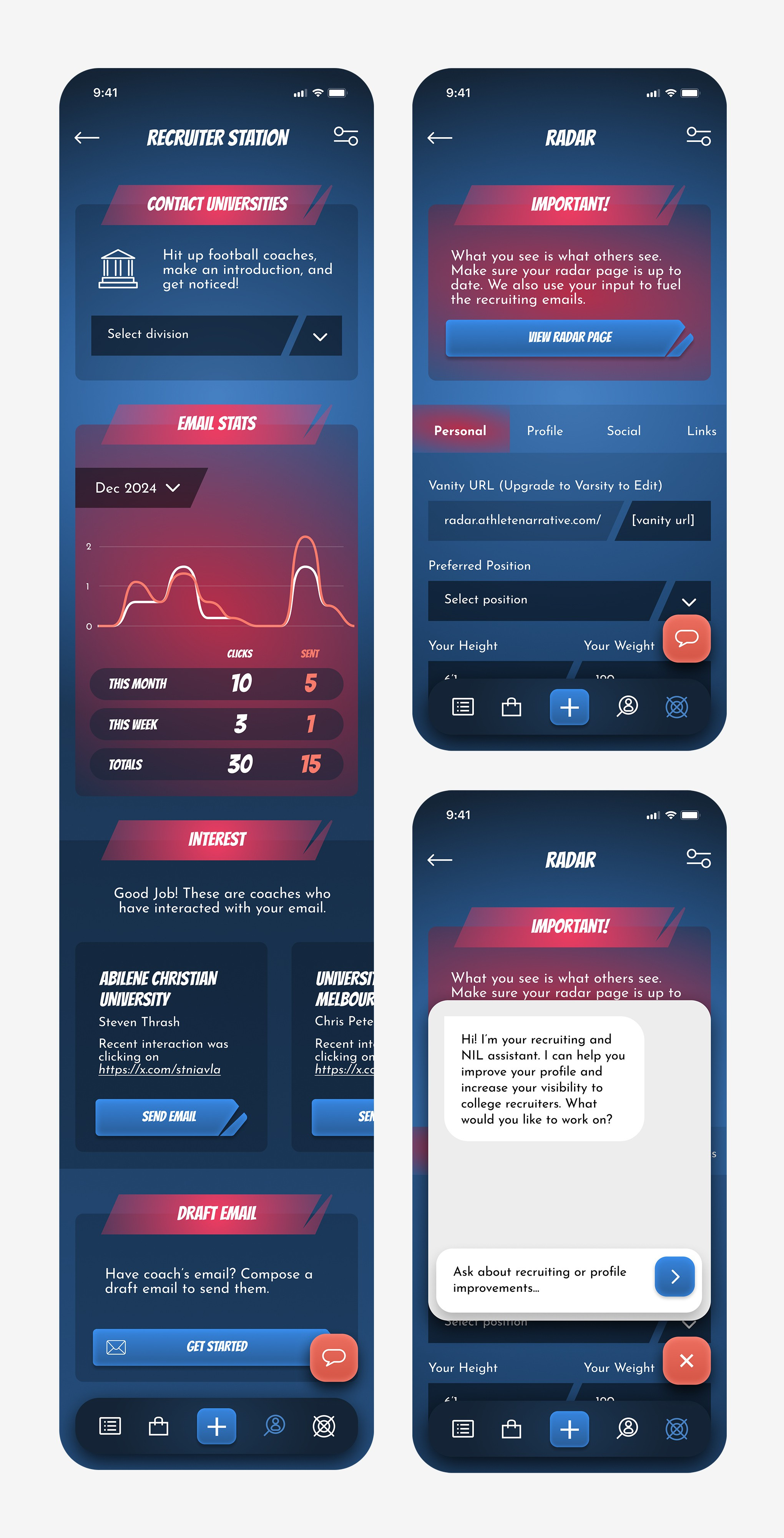 Athlete Recruitment Branding Exploration android application blue branding figma forms glass graphic graphic design interface iphone line graph mobile red sport ui user