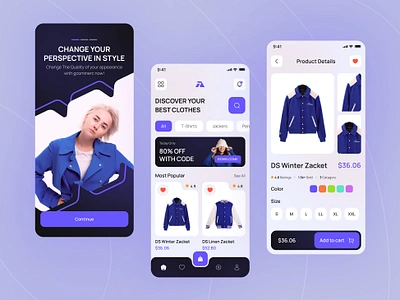 E-commerce Fashion App Design app arobix azbin blue clothing ecommerce fashion minimal onboarding online store shoping store stylish trending ui ux web web store winter zacket