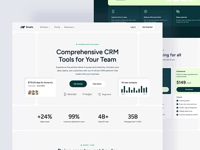 Growio - CRM Landing Page admin panel analytics animation b2b charts clean crm data driven dipa inhouse landing page management modern saas simple startup ui ui design ux webdesign website