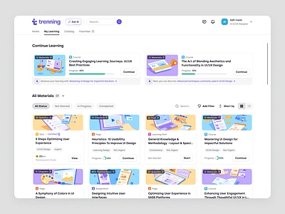 Trenning - Learning Material Pages for Learners in a SaaS LMS course course management dashboard education learners learning management system learning material learning path lms my training product design saas saas design team training ui ux web app web design