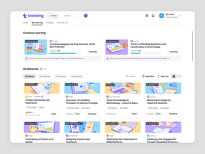 Trenning - Learning Material Pages for Learners in a SaaS LMS course course management dashboard education learners learning management system learning material learning path lms my training product design saas saas design team training ui ux web app web design