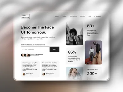 Split screen homepage for a modeling agency hero section design landing page design ui ui design visual web design web design web design for agencies web design for startups website design