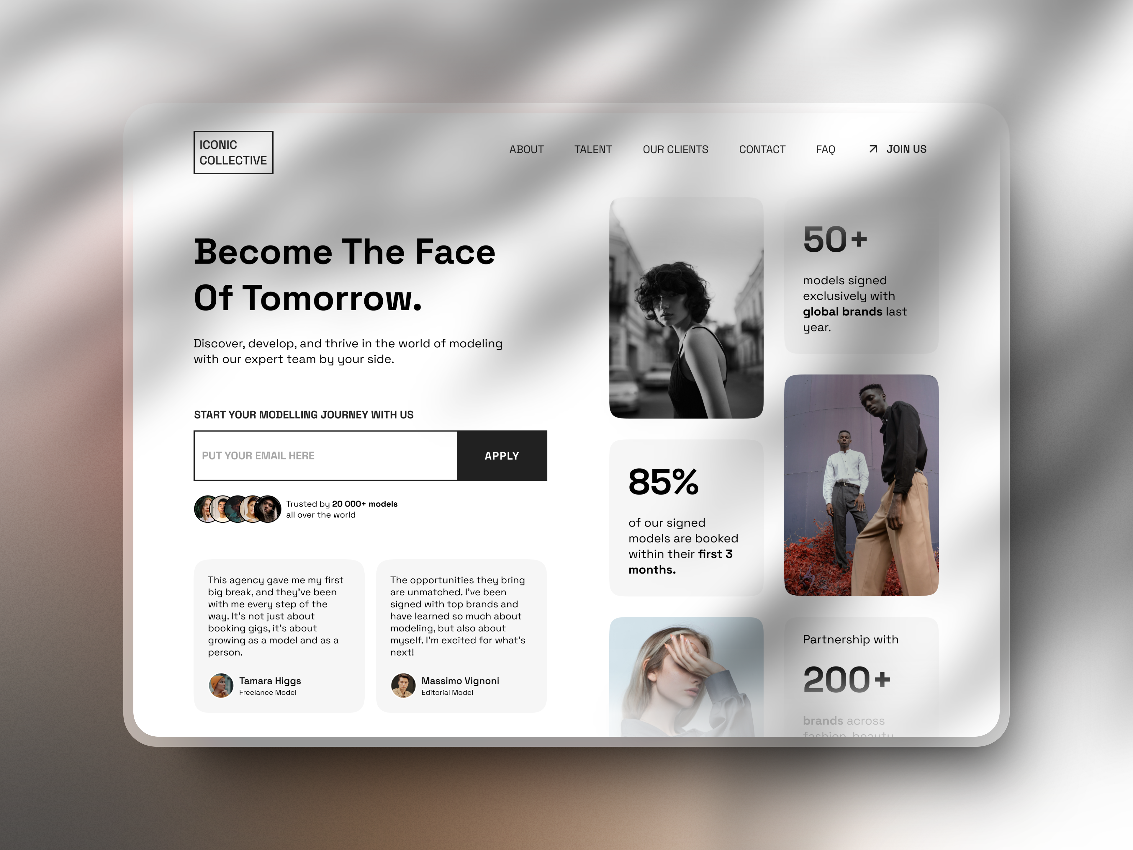 Example of Split screen homepage for a modeling agency