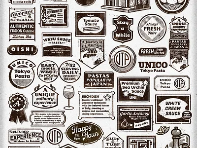 Restaurant Flash Sheet artifact bazaar branding extras ephemera fusion cuisine italian food japanese food la eats la restaurant menu design mural design procreate brushes restaurant art restaurant branding retro menu texture brushes texture design vintage menu web icons website design