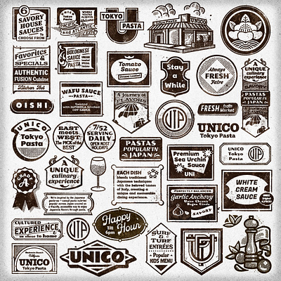 Restaurant Flash Sheet artifact bazaar branding extras ephemera fusion cuisine italian food japanese food la eats la restaurant menu design mural design procreate brushes restaurant art restaurant branding retro menu texture brushes texture design vintage menu web icons website design